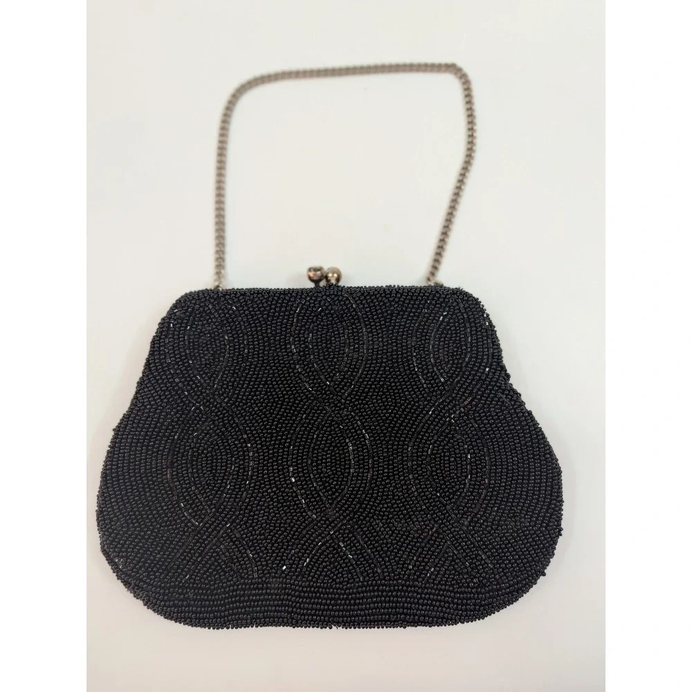 Vtg Richere Black Beaded Evening Purse Hand Made in Japan Rhinestone Clasp